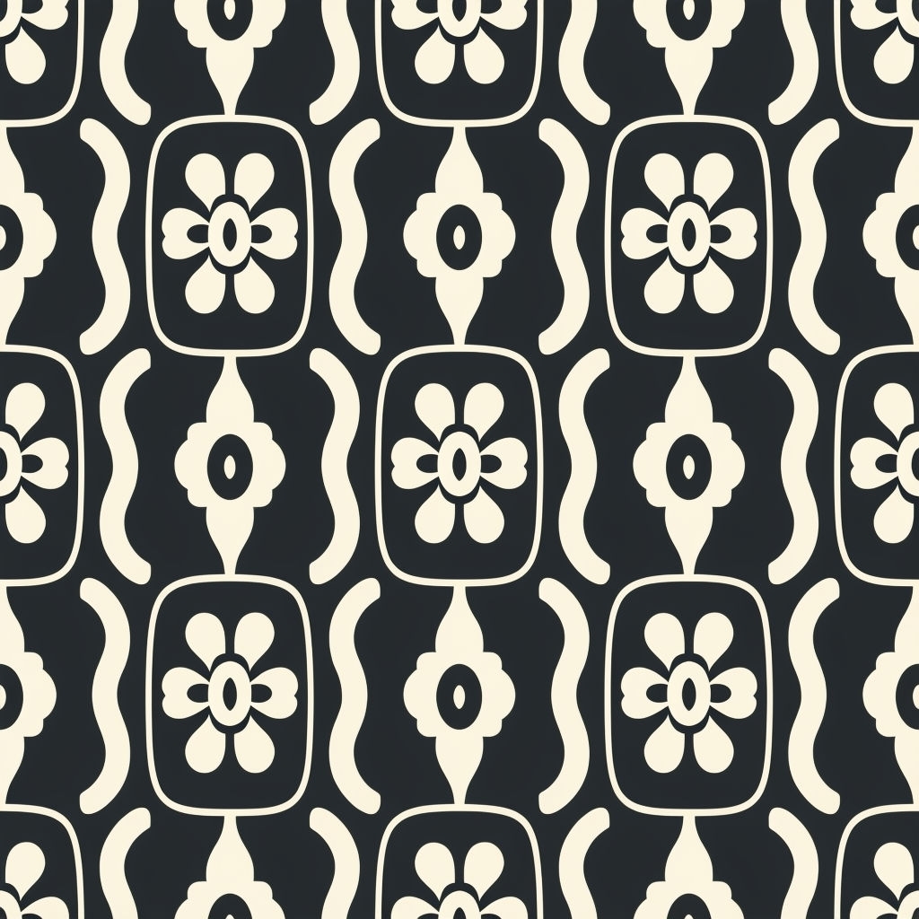 Modern Geometric Ivory Flower Pattern on Dark Charcoal Background Seamless Pattern