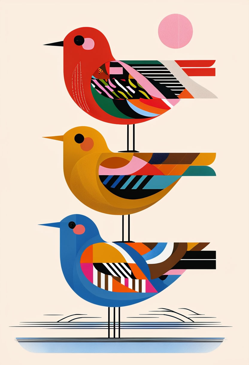 Playful Abstract Stacked Birds Illustration Art