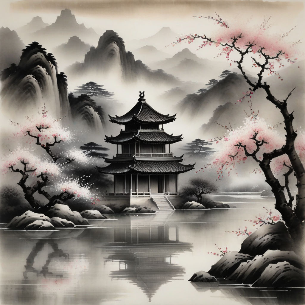 Ancient Chinese architecture depicted in an ink wash paintin... by ...