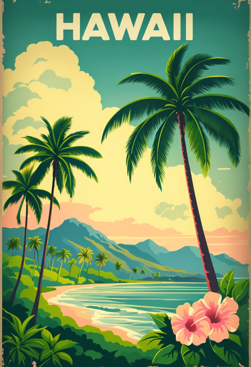 Vibrant Vintage Hawaiian Coastal Landscape Travel Poster