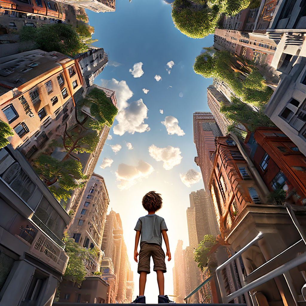 Upward perspective of a colossal boy towering over a whimsic... by 최하영 ...