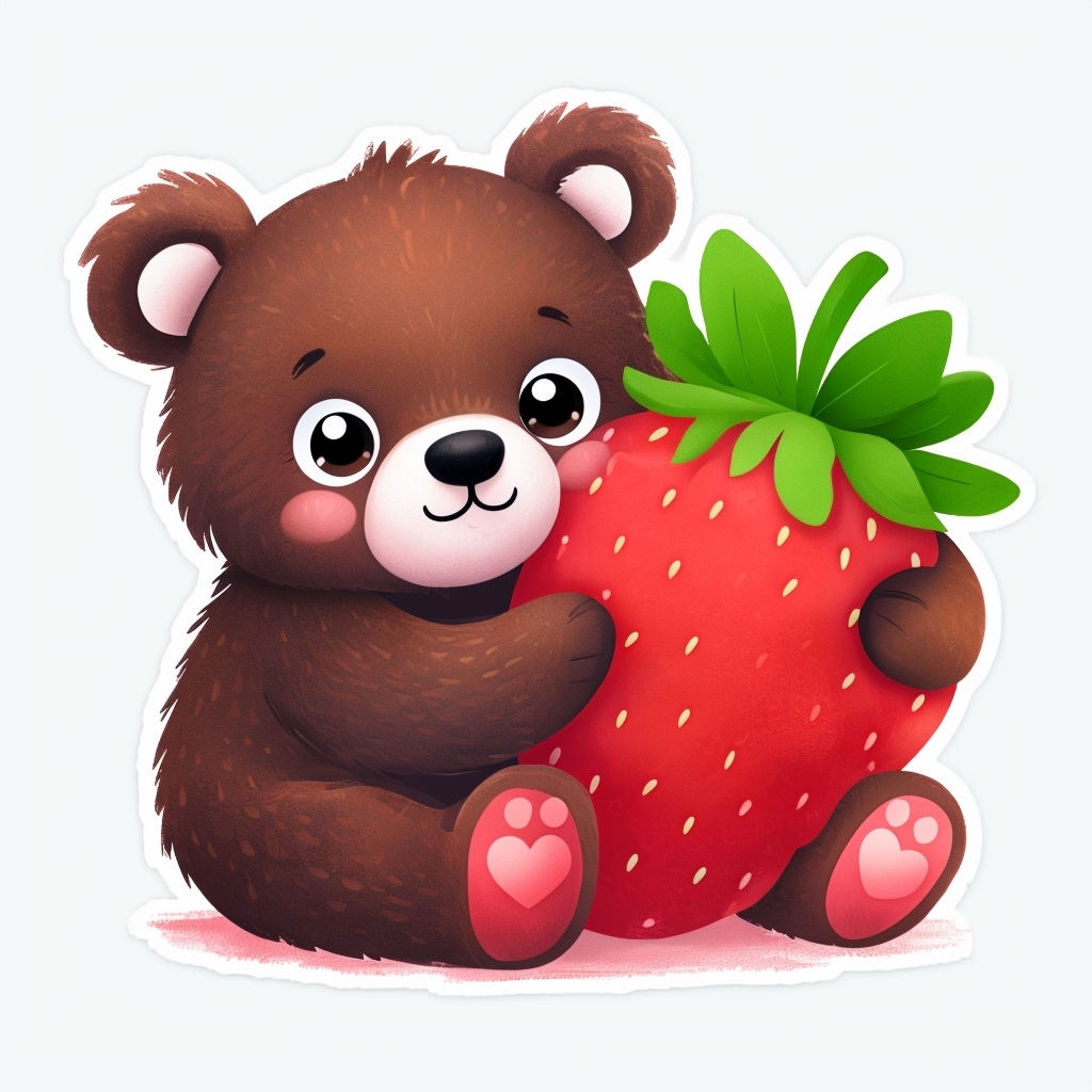 Cute Cartoon Brown Bear with Strawberry Illustration Sticker