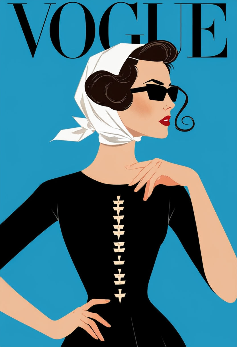 Stylish Minimalist Vogue Cover Art Featuring 1960s Woman Illustration Poster