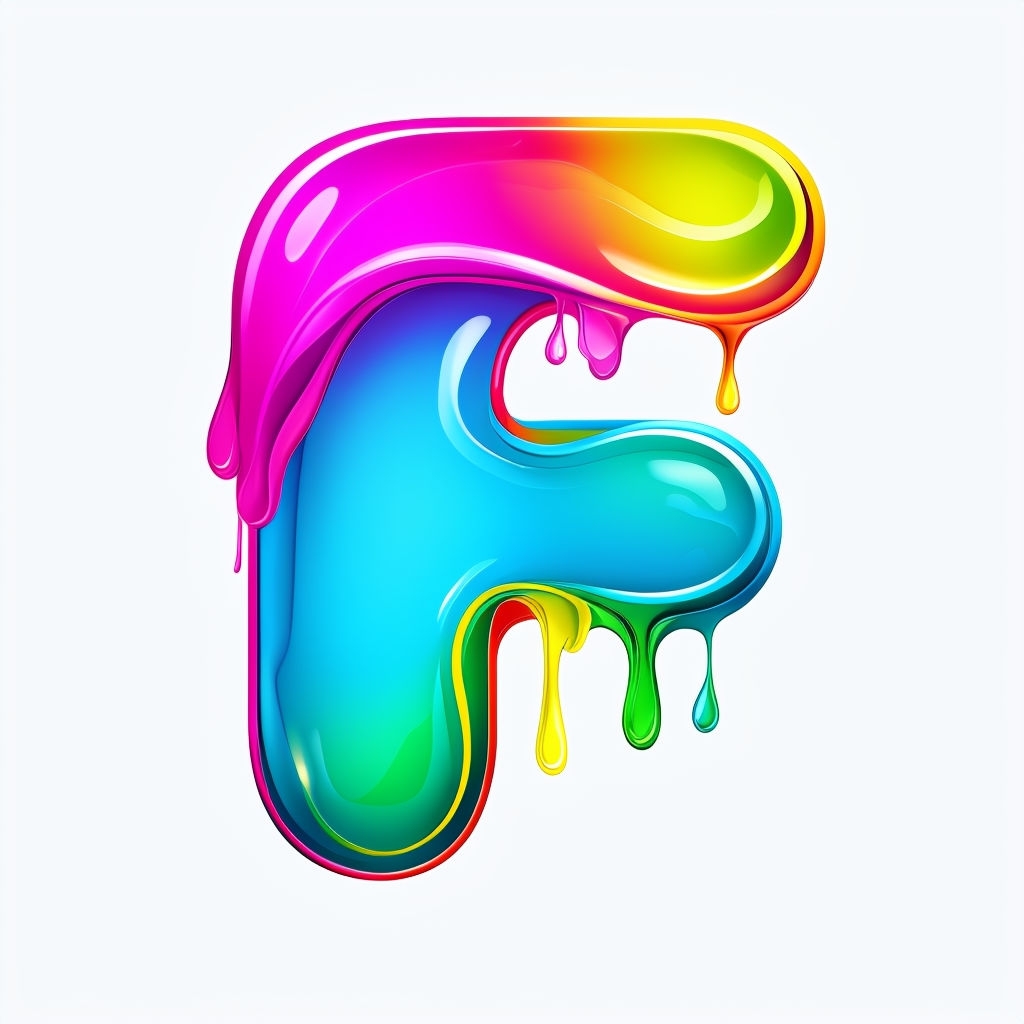 Vibrant Fluid Letter F Illustration with Glossy Paint Effects Monogram