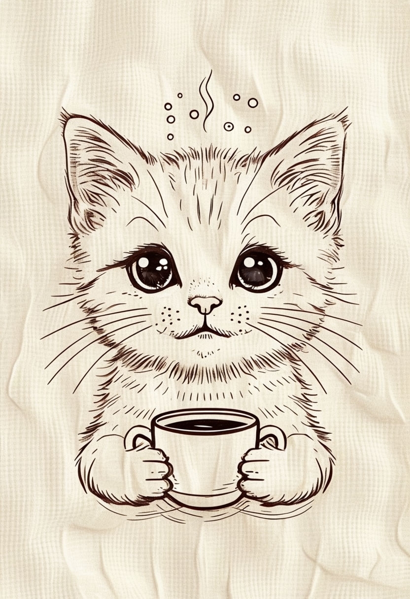 Adorable Whimsical Kitten with Coffee Illustration Art