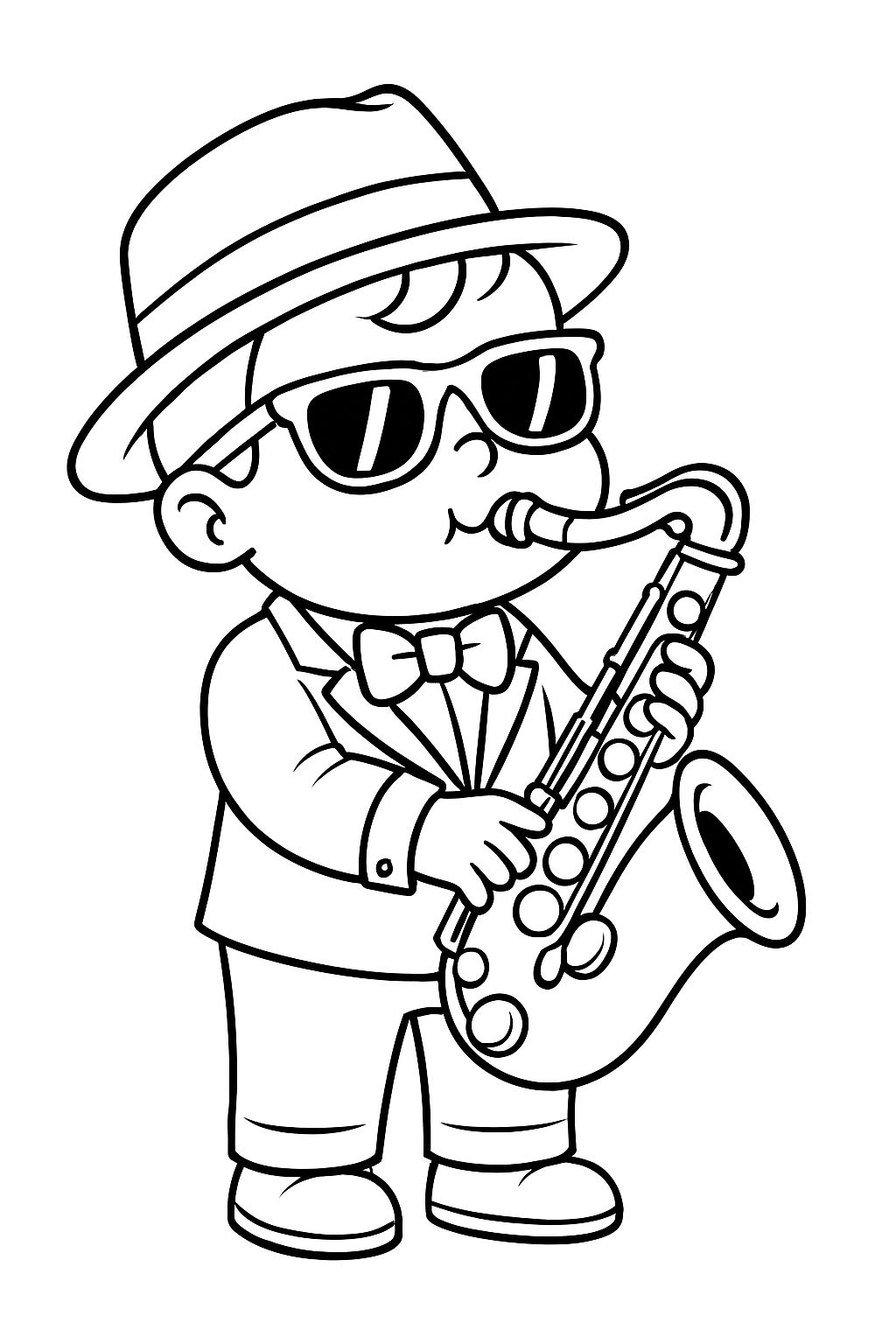 Young Boy Playing Saxophone Cartoon Line Drawing Coloring Book Pages