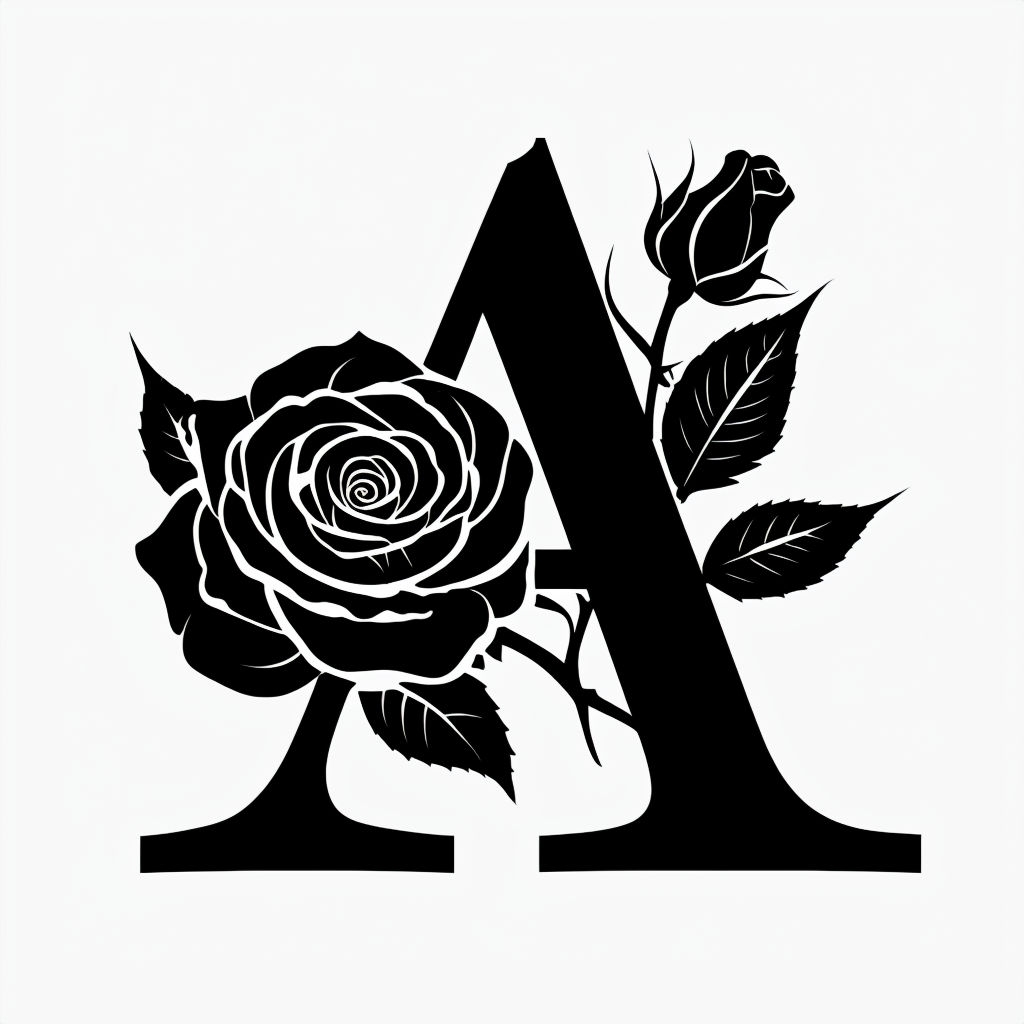Elegant Black and White Letter A with Rose Design Monogram