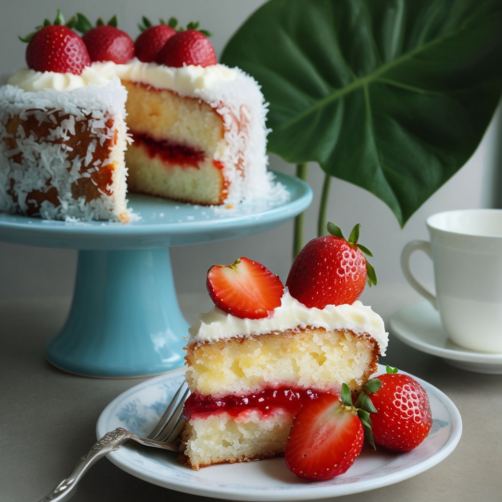 Delicious Coconut Strawberry Cake Slice Close-Up Art