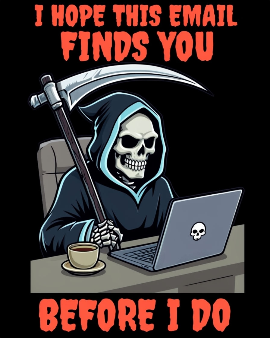 Humorous Grim Reaper Office Scene Cartoon T-Shirt
