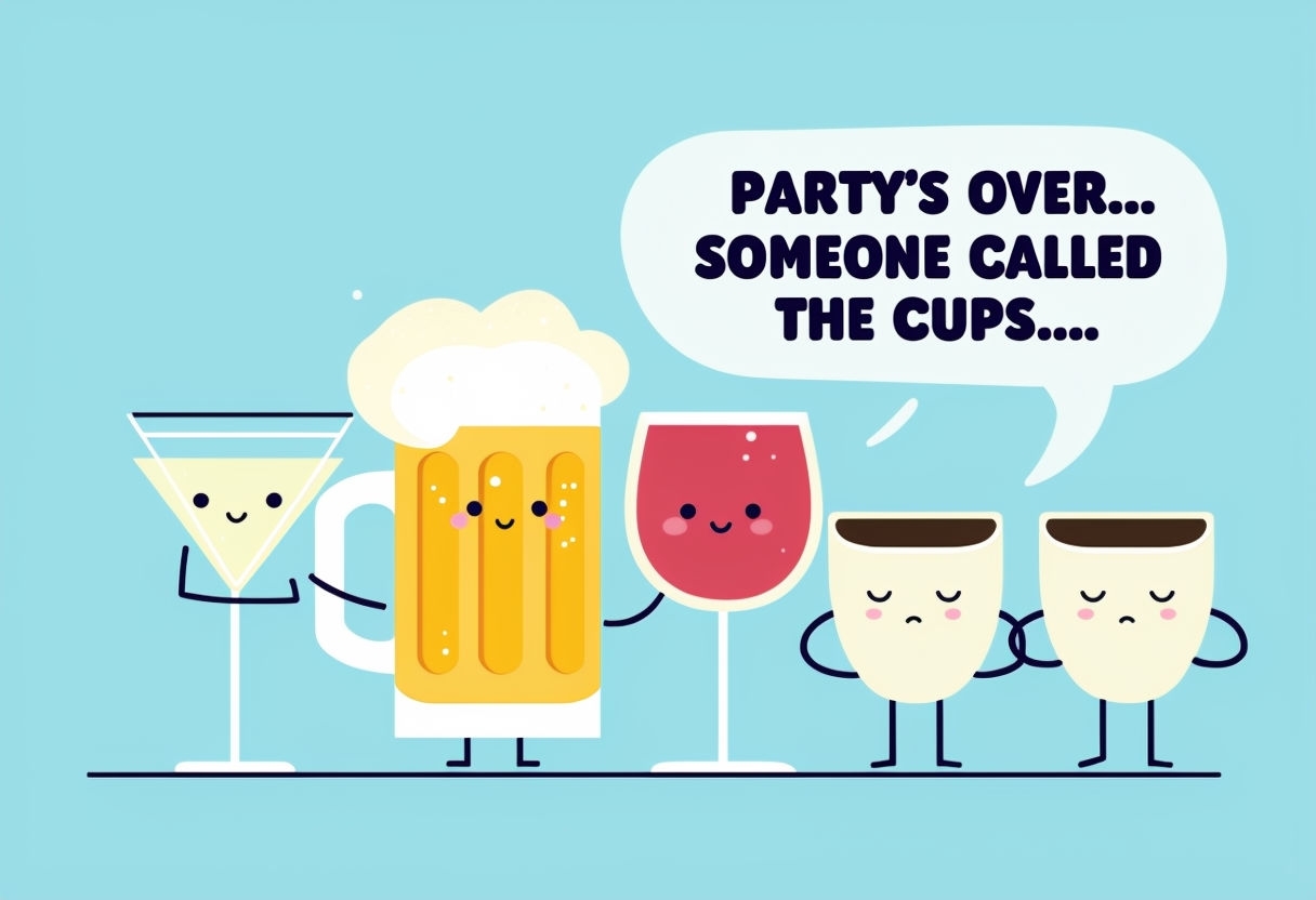 Playful Cartoon Beverages Illustration with Humorous Text Bubble Card