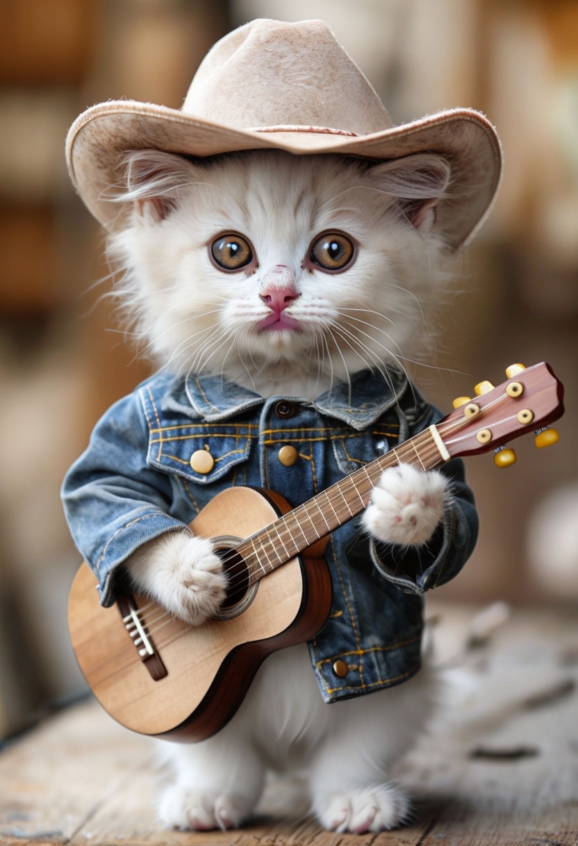 Cute White Kitten in Cowboy Hat with Guitar Art