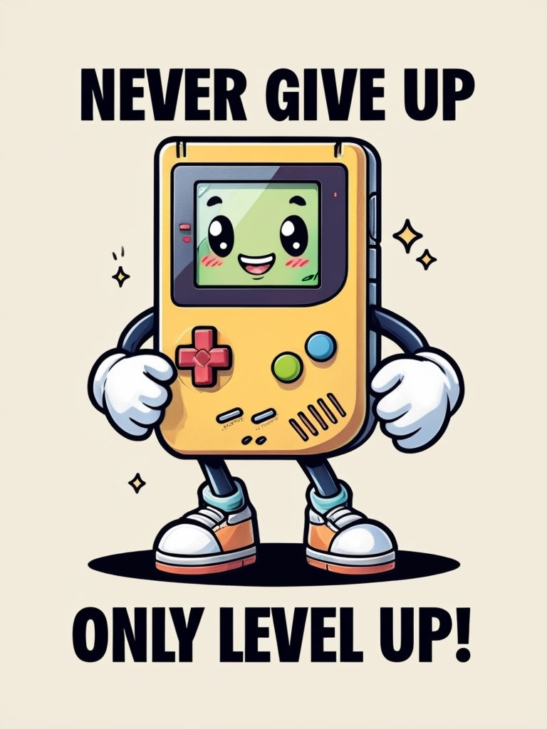 Motivational Game Boy Character Never Give Up T-Shirt