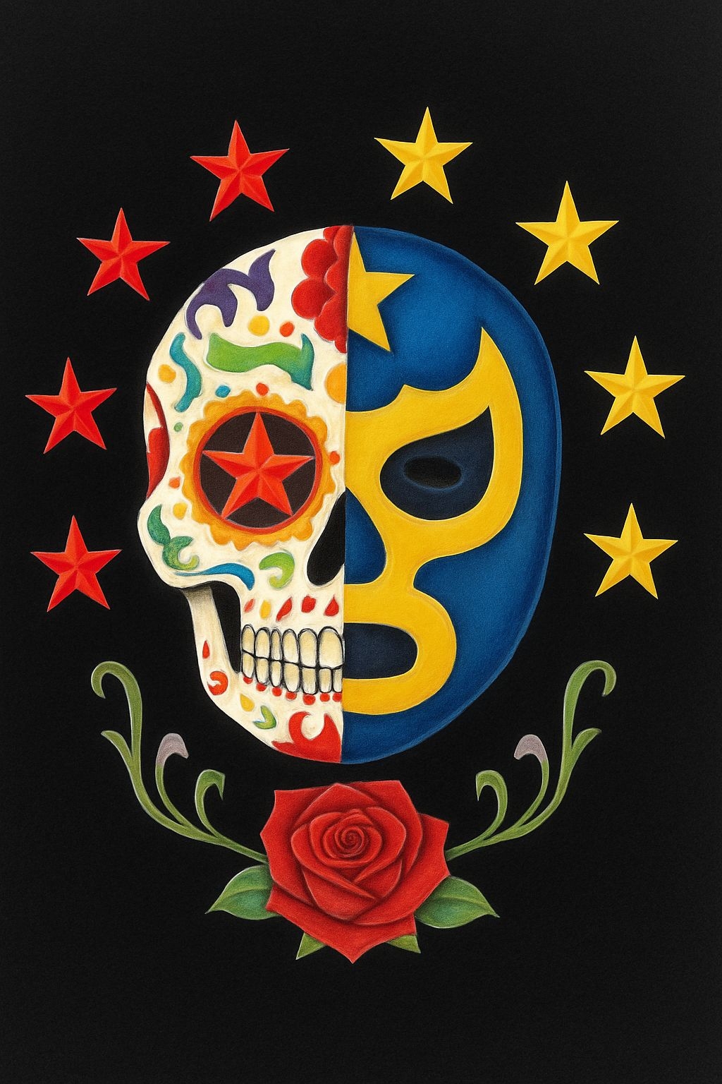 Vibrant Sugar Skull Merging Day of the Dead and Lucha Libre Poster