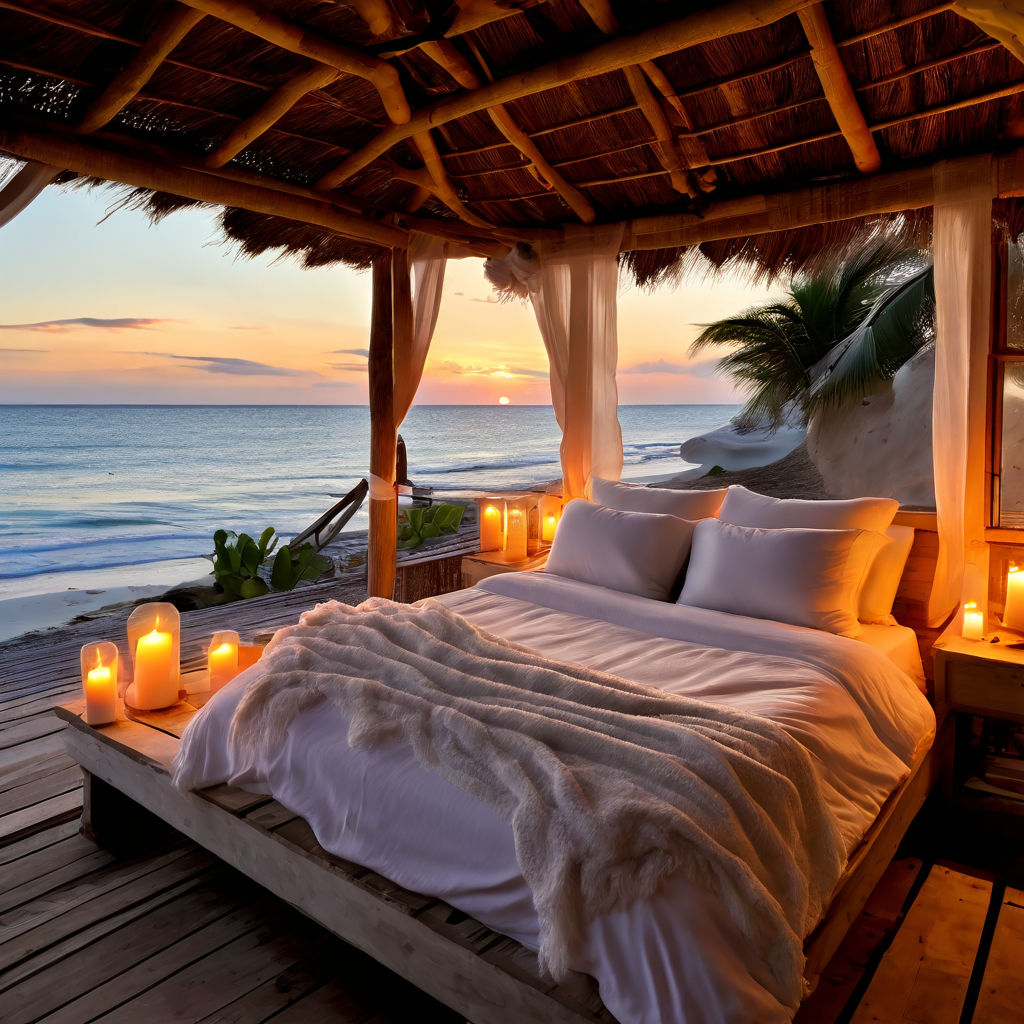 a couple having sex on a bed facing the ocean