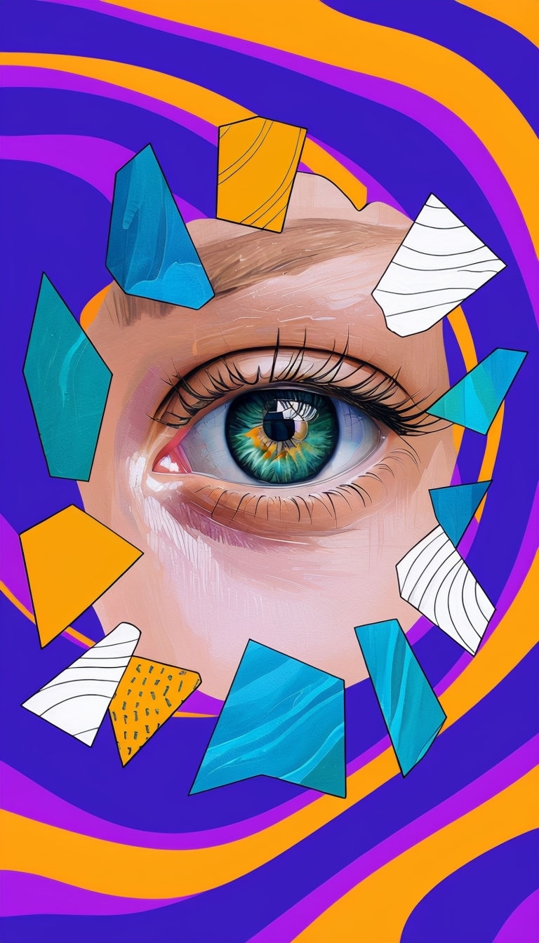 Vibrant Realistic Eye Mixed Media Art with Abstract Patterns Mobile Wallpaper