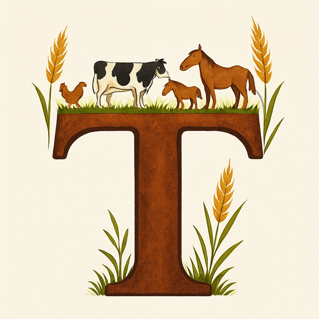 Whimsical Wooden Letter T with Farm Animals Illustration Monogram