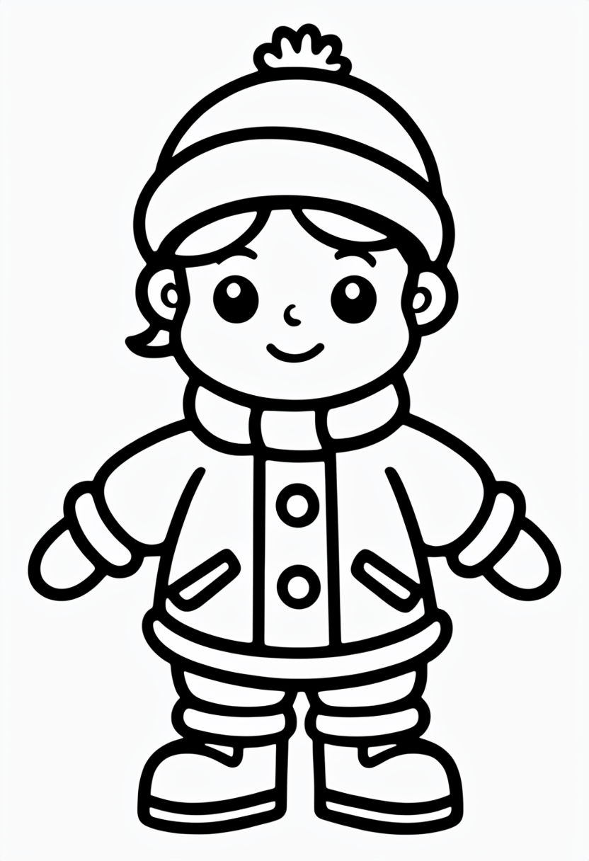 Cartoon Child in Winter Clothing Outline Coloring Page