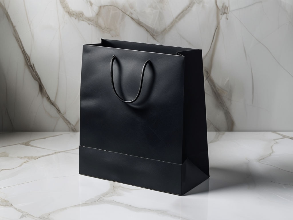 Modern Black Shopping Bag on Elegant Marble Countertop Mockup