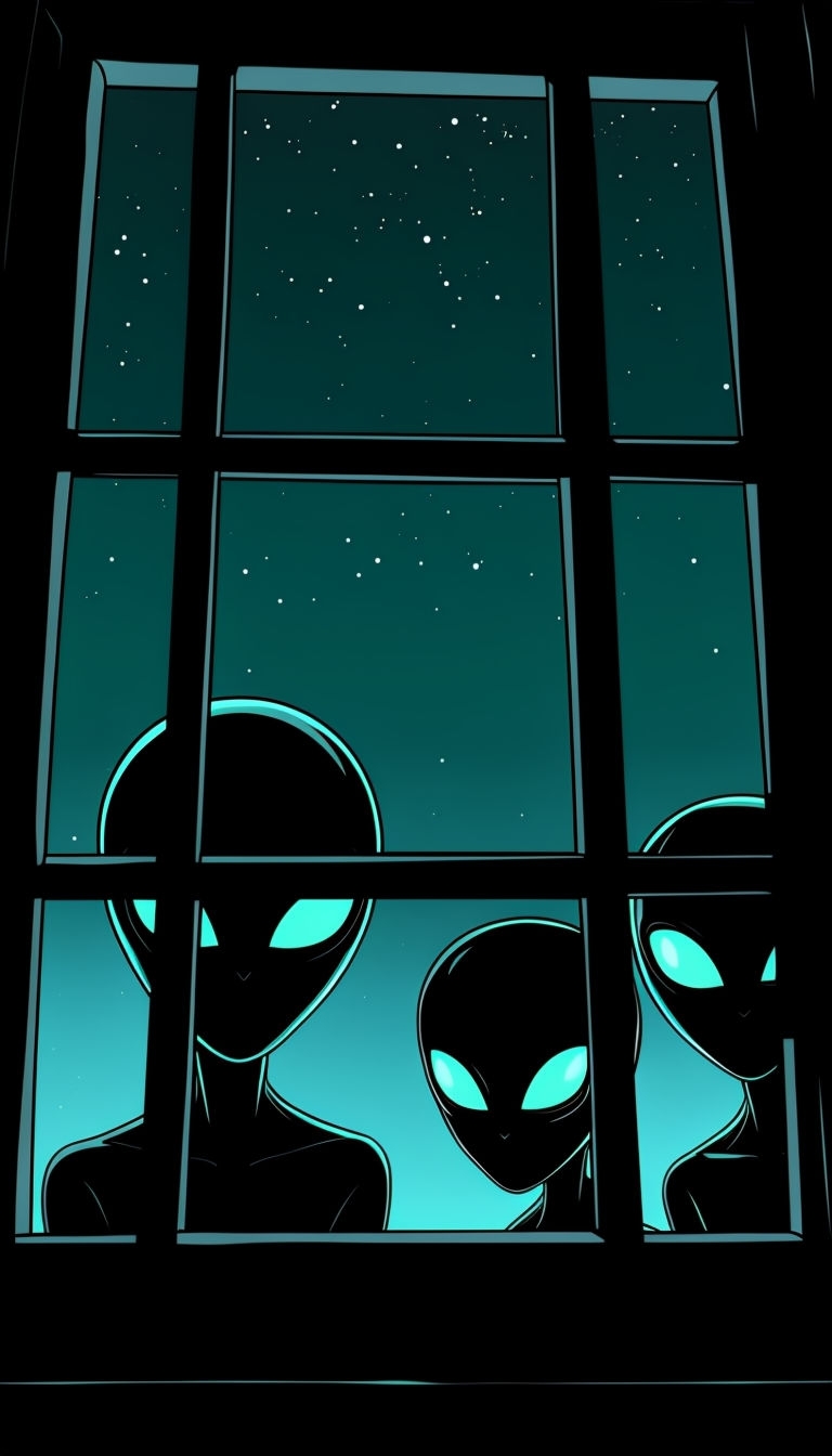 Mysterious Aliens Glowing Eyes Night Sky Digital Illustration Mobile Wallpaper