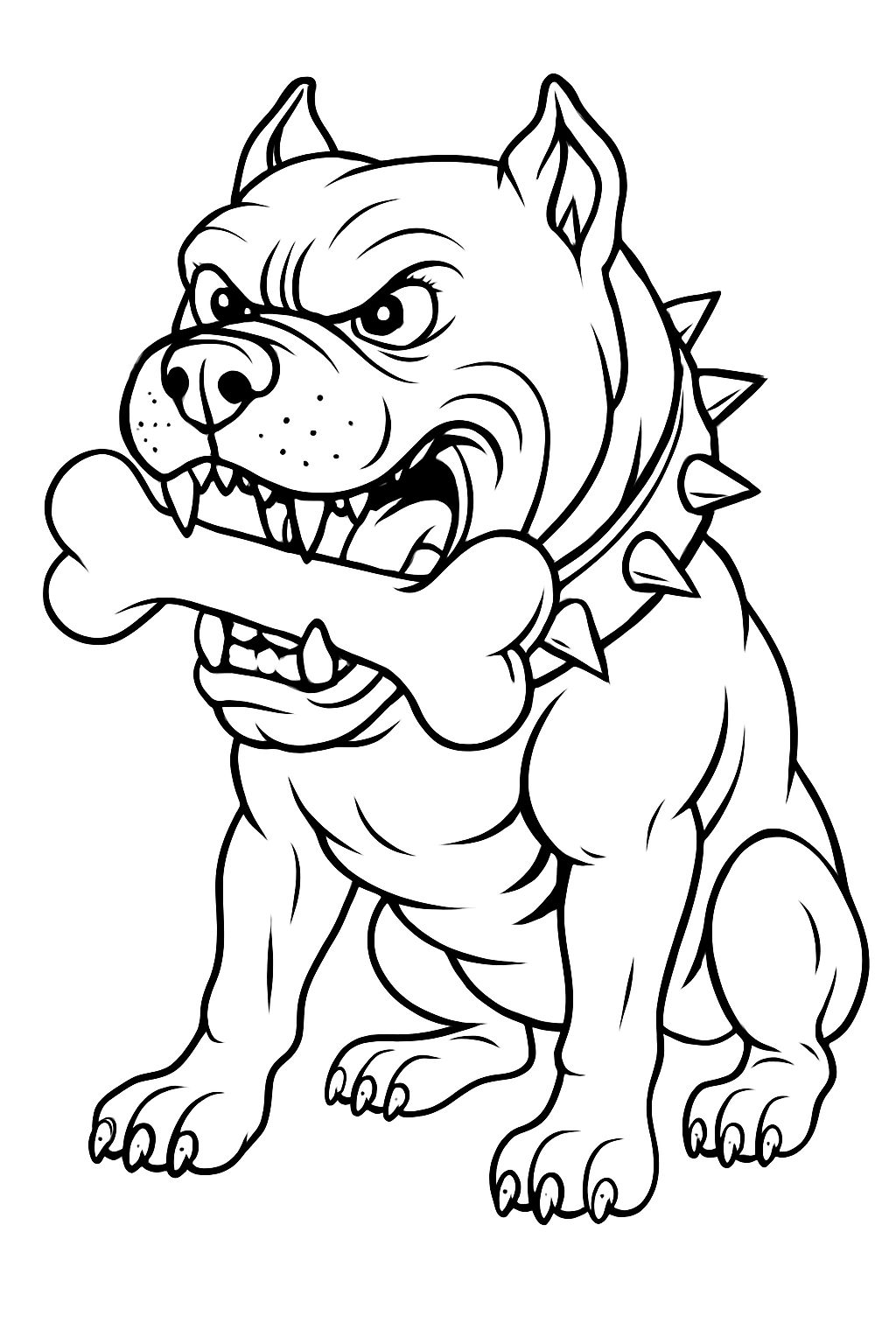 Muscular Cartoon Bulldog with Bone Line Art Coloring Page