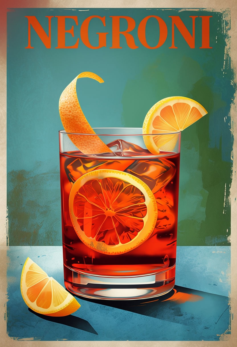 Vintage Negroni Cocktail Illustration on Beige Background Poster