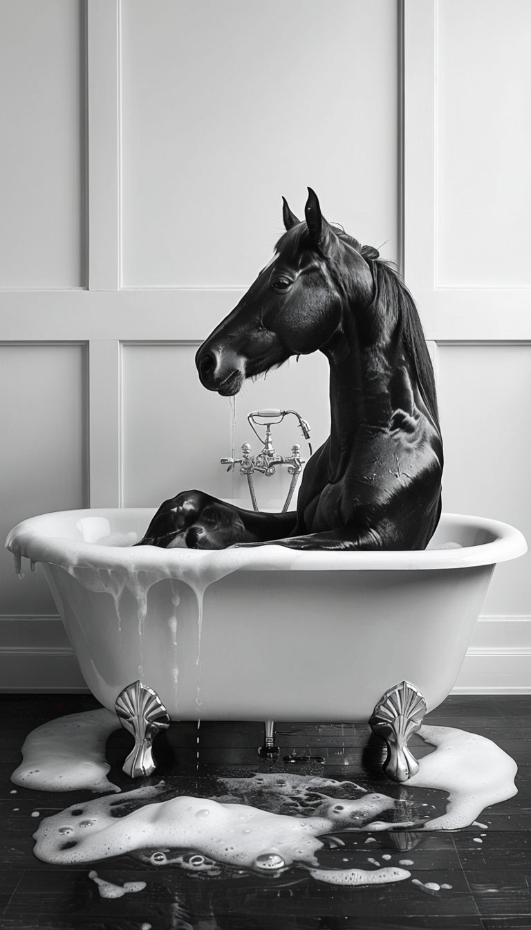 Black Horse Bathing in Clawfoot Bathtub Surreal Photography Mobile Wallpaper
