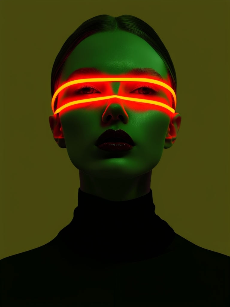 Futuristic Neon Portrait with Green Light and Red Stripes Art