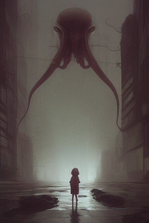 A small girl looking at a mysterious octopus type figure by CJ - Playground