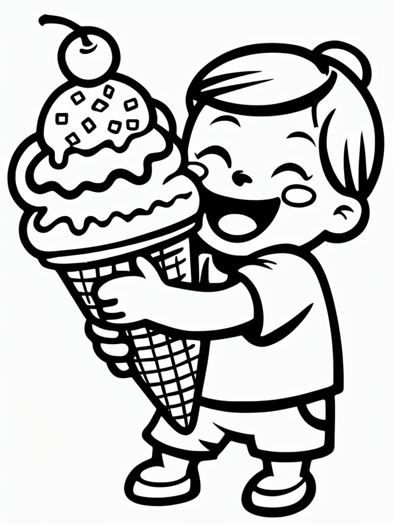 Cheerful Child with Ice Cream Cone Coloring Page Design