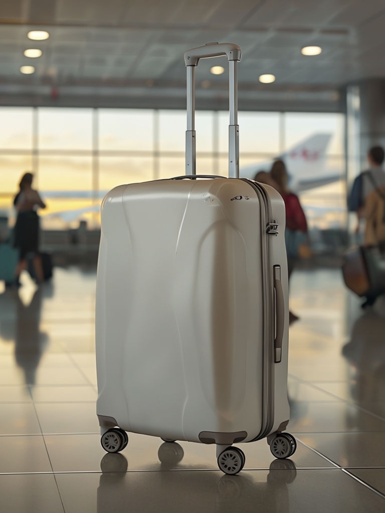 Blank White Rolling Suitcase for Branding Mockup in Airport Terminal Mockup