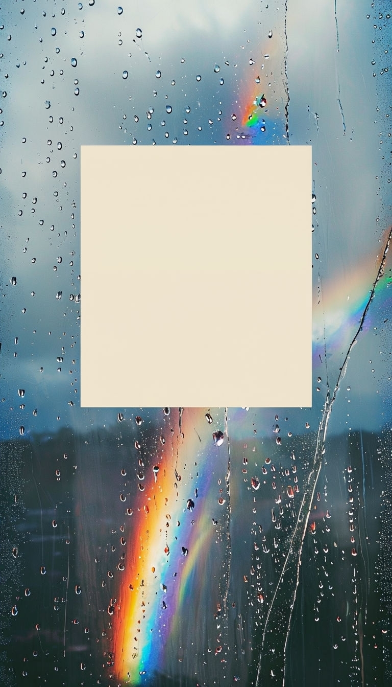 Rainy Window with Vibrant Rainbows and Text Panel Social Media Post