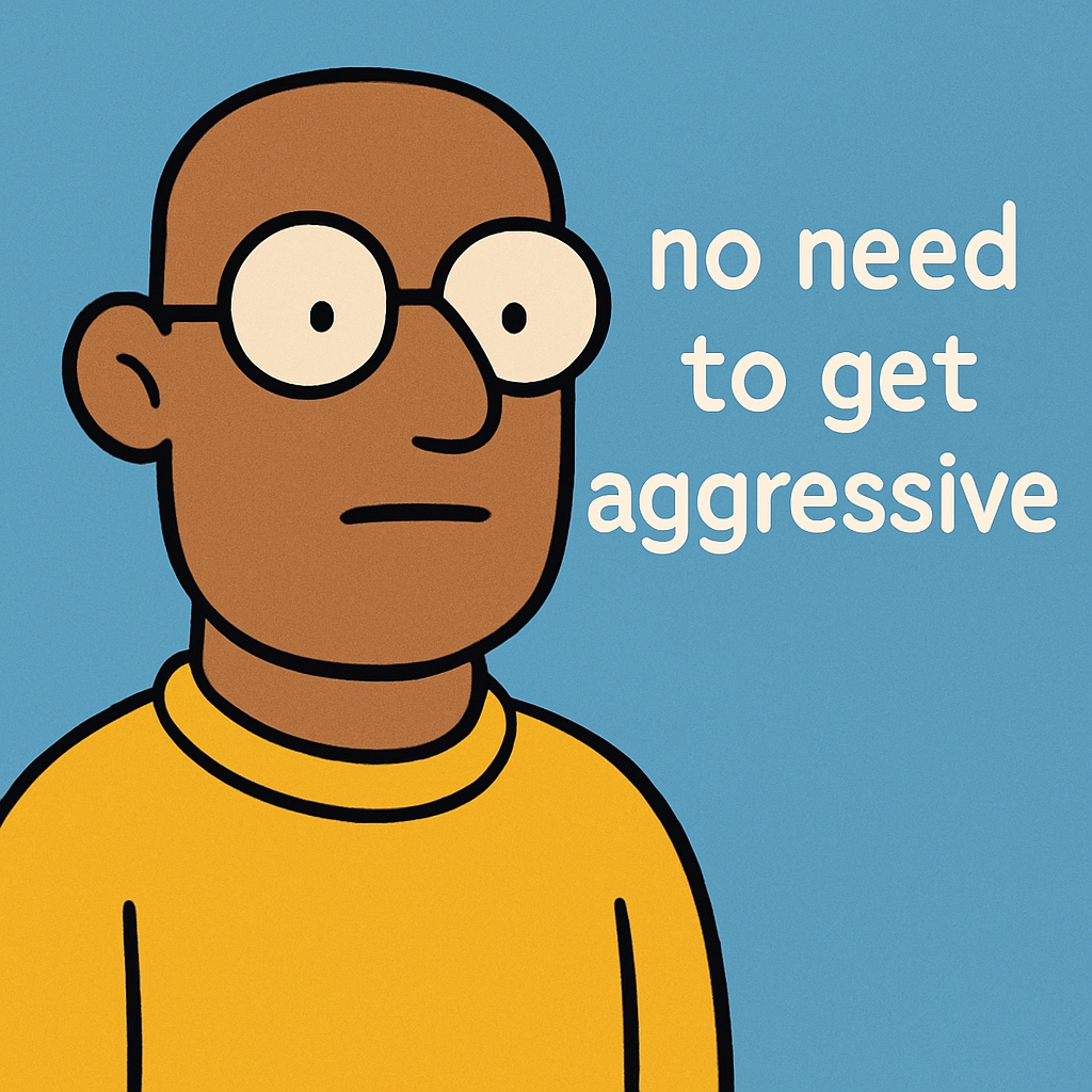 Calm Cartoon Character with 'No Need to Get Aggressive' Text Meme