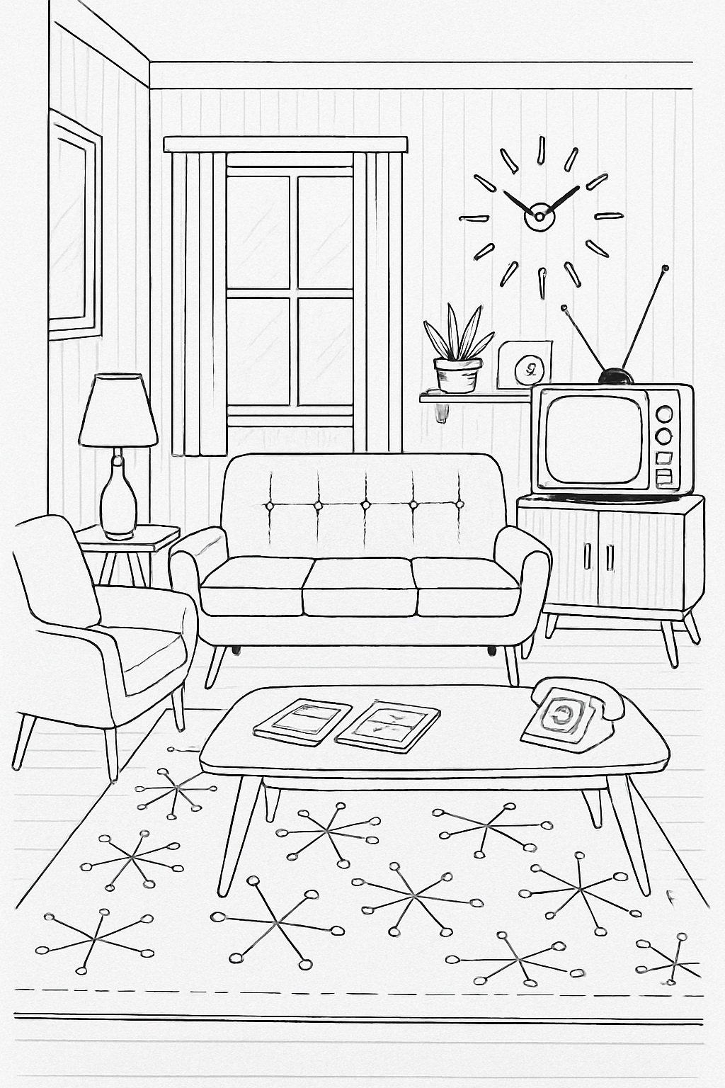 Cozy Retro Living Room Line Drawing for Relaxing Coloring Book Pages