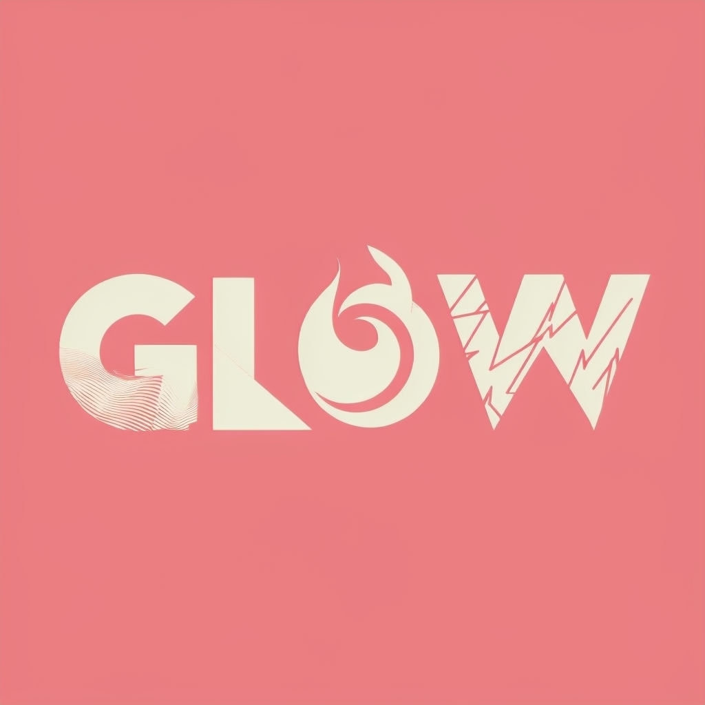 Minimalist GLOW Logo with Abstract Patterns on Coral Background