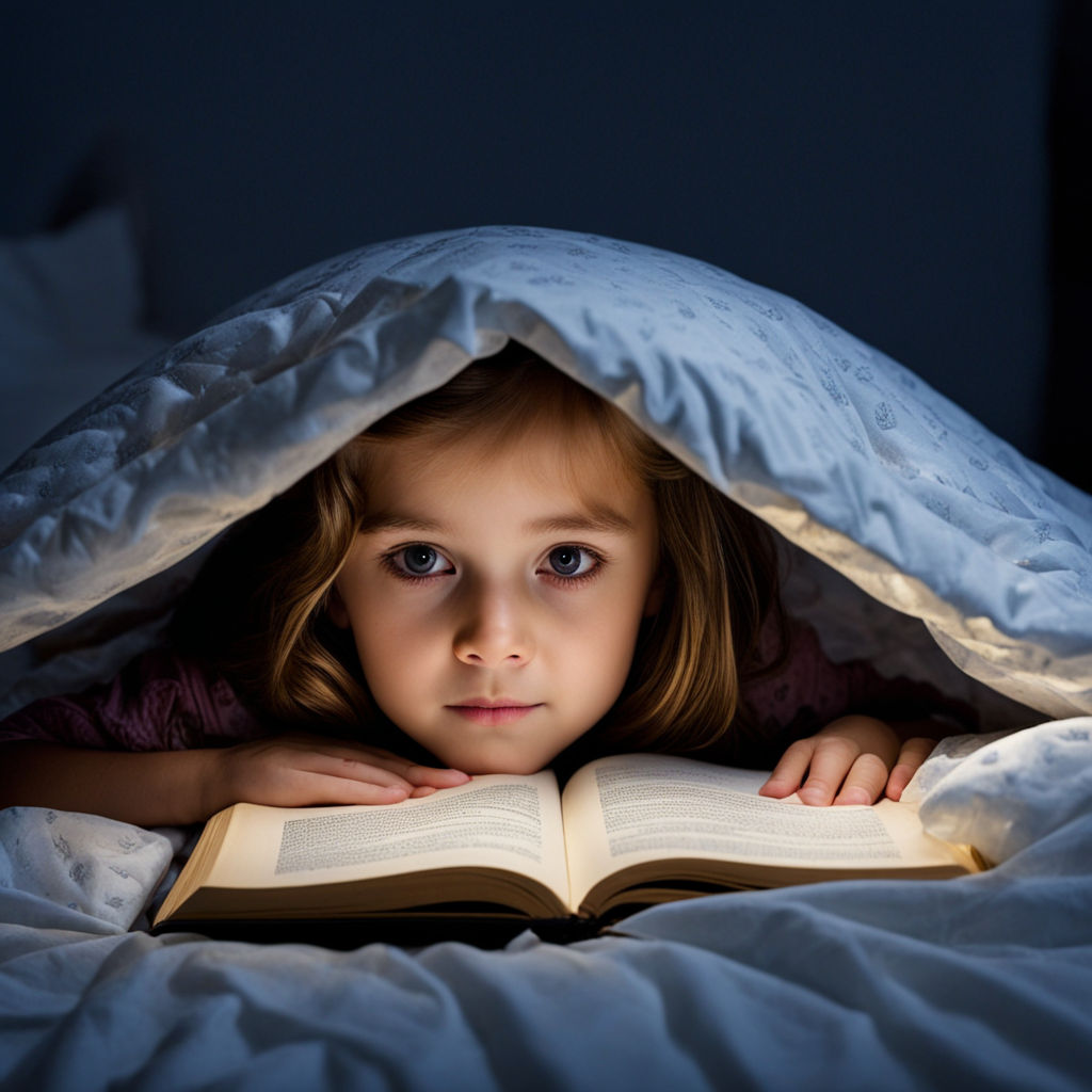 A little girl hiding under the covers at night and reading a... by