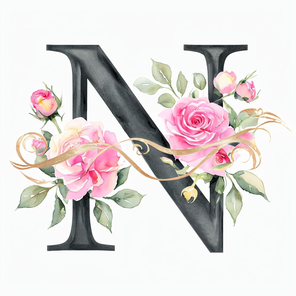 Colorful Floral Watercolor "N" Monogram with Gold Banner Design Monogram