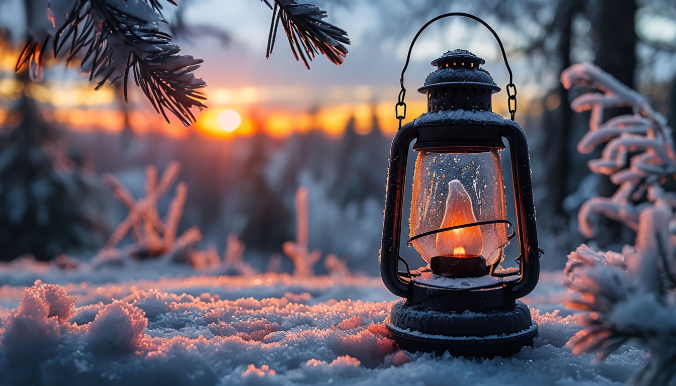 Serene Winter Sunset Lantern Scene for Virtual Backgrounds