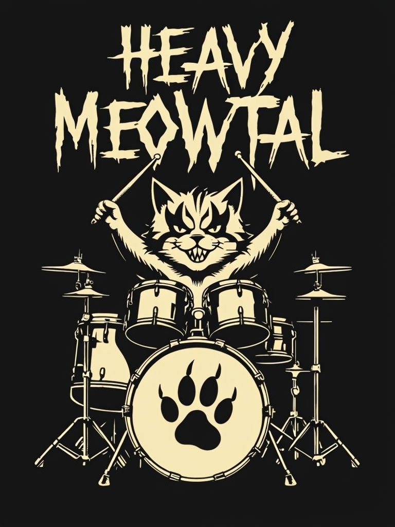 Playful Cat Drummer with Heavy Meowtal Text T-Shirt