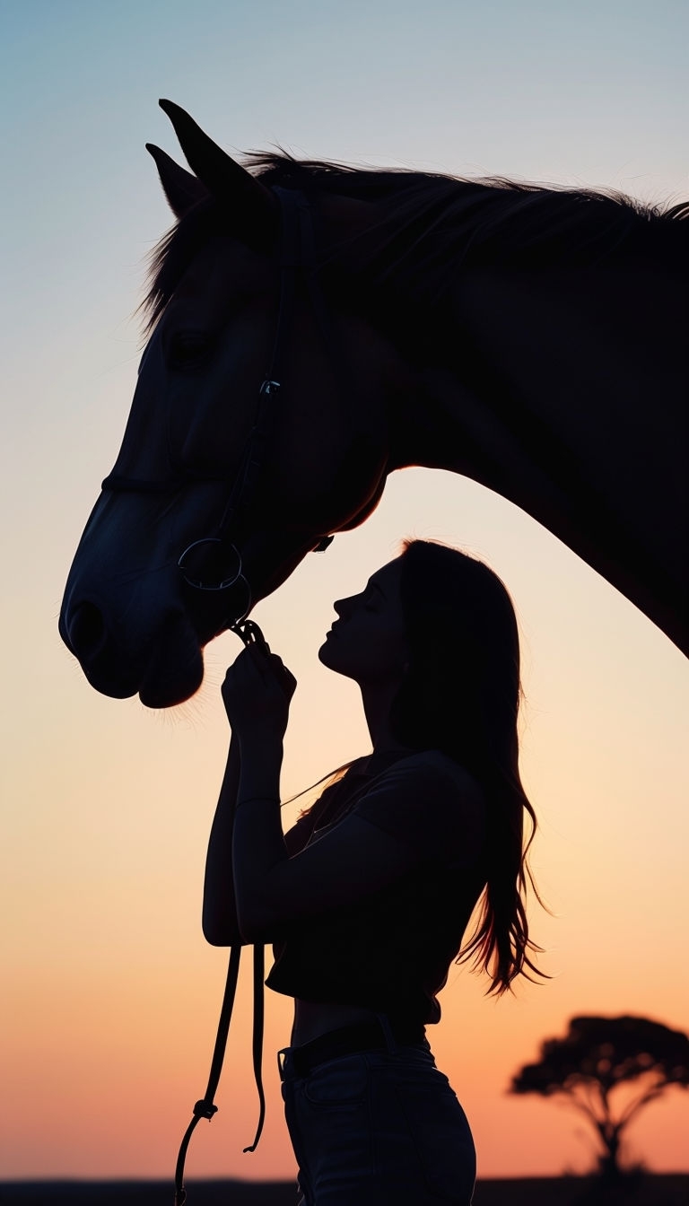 Silhouette of Woman and Horse Against Vibrant Sunset Mobile Wallpaper