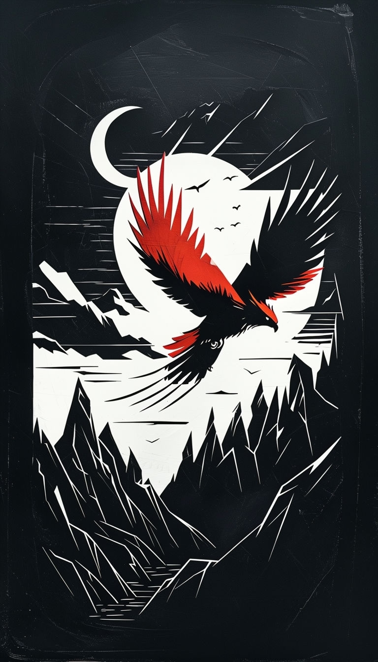 Mythical Bird in Flight Scratchboard Art with Geometric Mountains Mobile Wallpaper
