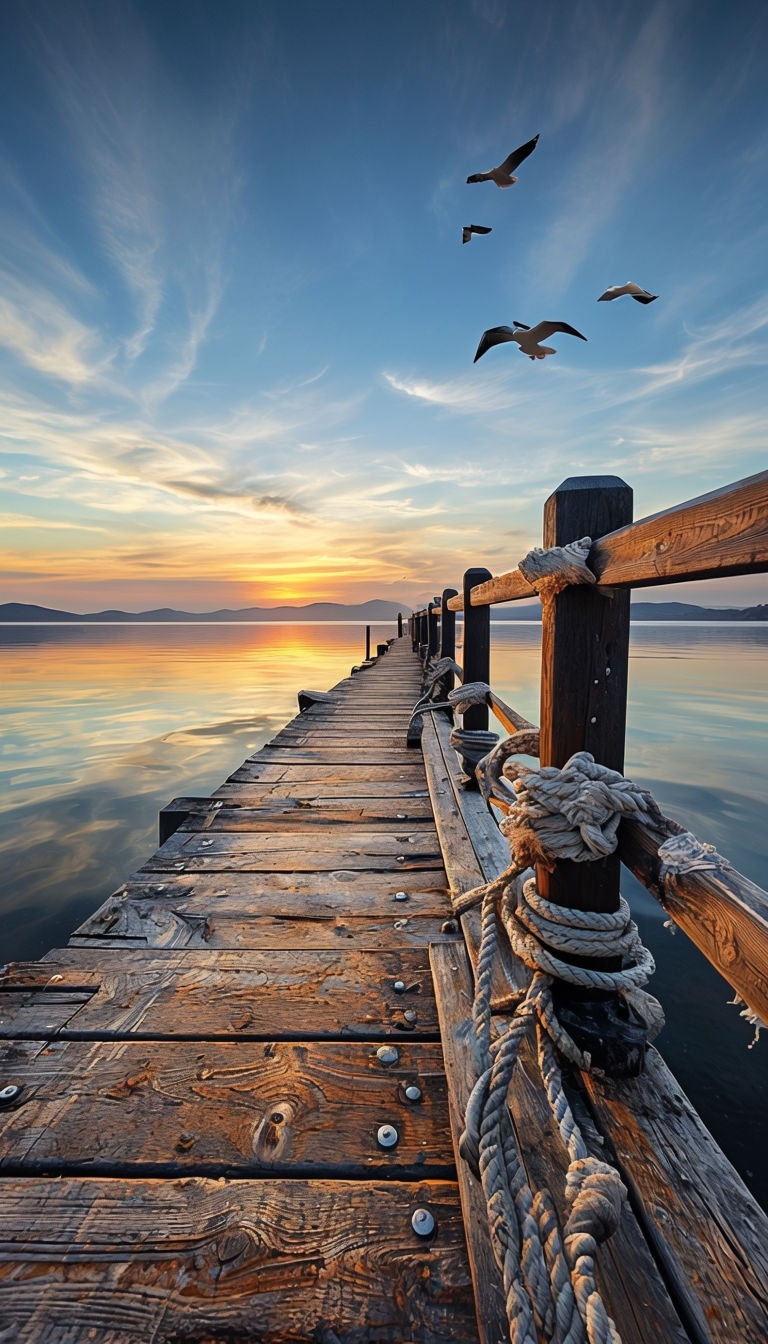 Serene Sunset on Wooden Pier with Calming Waters Wallpaper