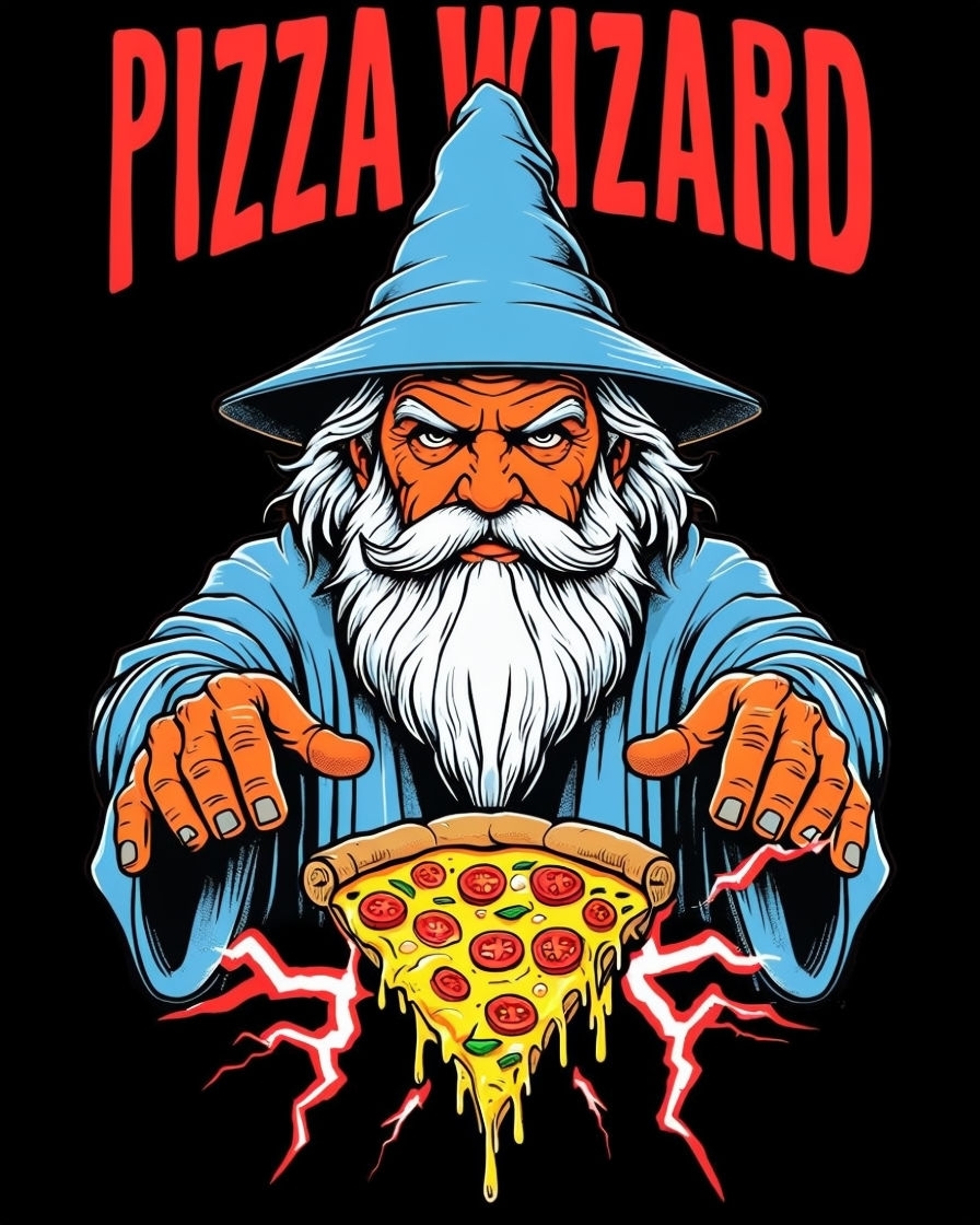 Whimsical Pizza Wizard Cartoon Illustration T-Shirt
