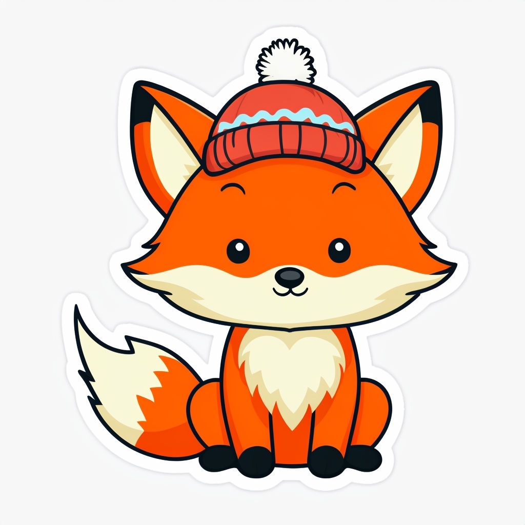 Cute Cartoon Fox with Knit Hat Cheerful Sticker