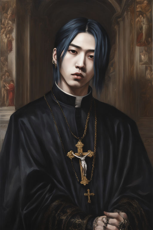 Dark gothic renaissance painting of a kpop artist in the vat... by Jared Sample Playground