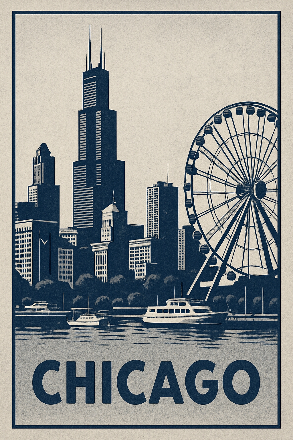 Vintage Chicago Skyline Travel Poster with Willis Tower