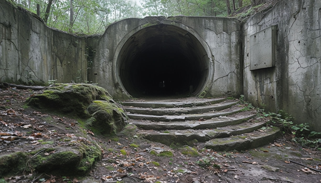 Eerie Abandoned Concrete Structure in Forest Virtual Background