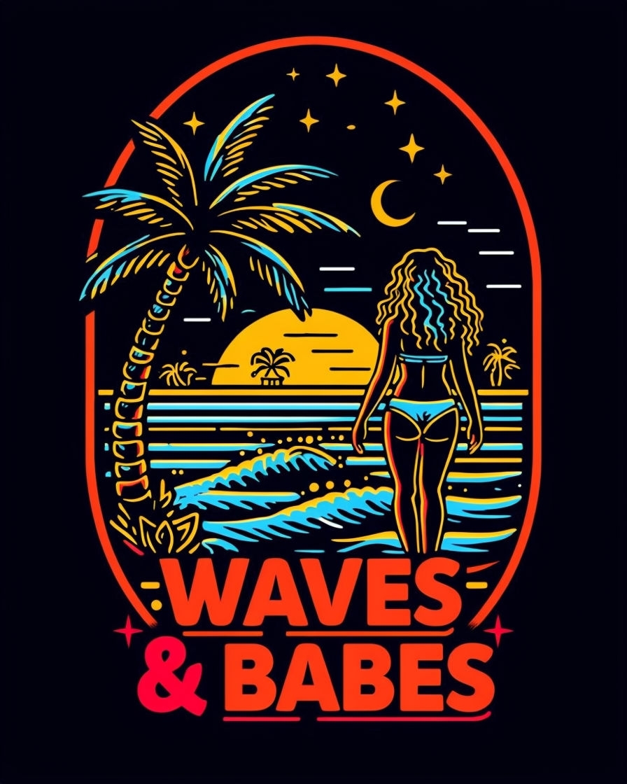 Neon Tropical Waves and Babes Beach Illustration T-Shirt