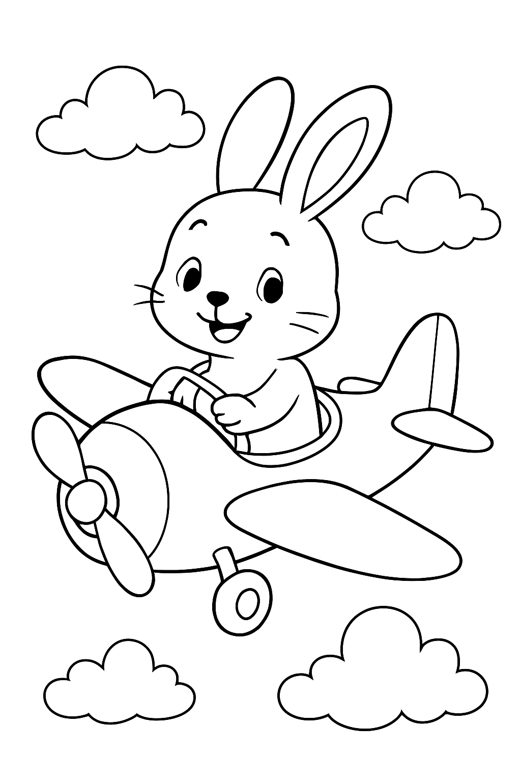 Cheerful Rabbit Flying Airplane Line Drawing Coloring Book Pages