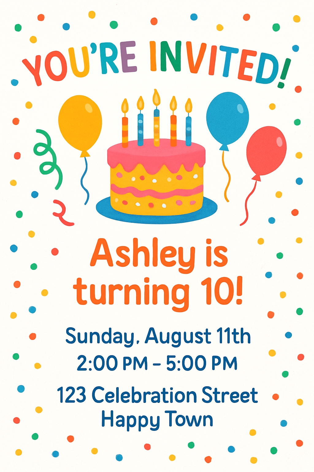Colorful 10th Birthday Party Invitation for Ashley's Celebration Cards & Invites