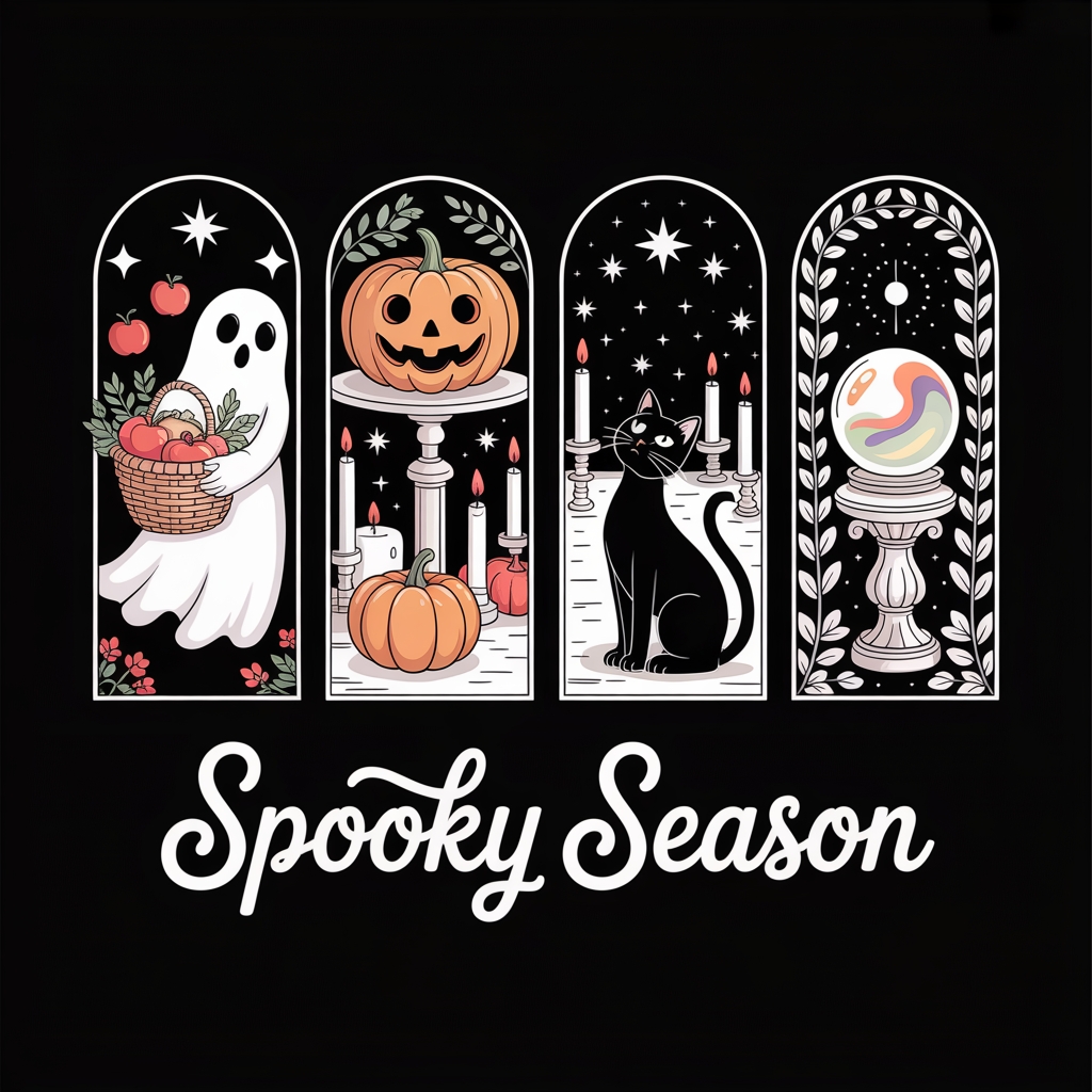Whimsical Halloween Panel Art Featuring Spooky Elements T-Shirt